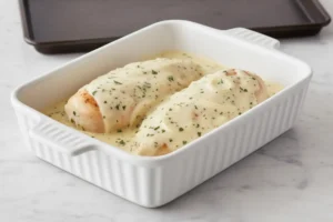 Hähnchenbrustfilets in Auflaufform werden mit Kräuter-Sahne-Soße übergossen, bereit für den Ofen