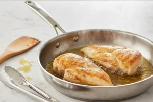 Hähnchenbrustfilets werden in Olivenöl in einer Pfanne goldbraun angebraten