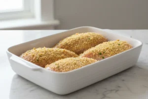 Hähnchenfilets werden in Butter und Panade gewendet und in Auflaufform gelegt