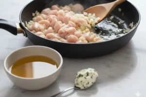 Hähnchenwürfel werden mit Zwiebel, Knoblauch und Frischkäse in der Pfanne gekocht