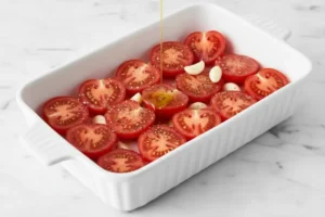Halbierte Tomaten mit Knoblauch und Olivenöl in Auflaufform.