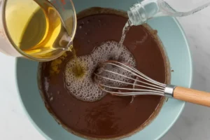 Herstellung eines glatten Schokoladenmuffinteigs durch Zugabe von Pflanzenöl und sprudelndem Mineralwasser zu den trockenen Zutaten in einer blauen Schüssel.