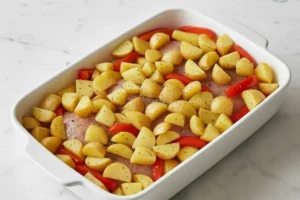 Kartoffelstücke und Paprikastreifen werden um das Hähnchen in der weißen Auflaufform verteilt und mit Zitronensaft beträufelt.