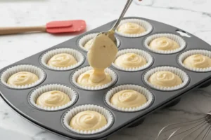 Kokosmuffin-Teig wird in Muffinförmchen gefüllt.