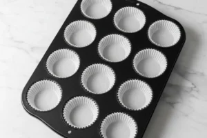 Leeres schwarzes Muffinblech mit 12 weißen Papierförmchen auf einer Marmor-Arbeitsplatte.