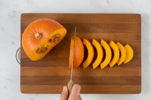 Leuchtend orange Hokkaido-Kürbisspalten roh auf einem Schneidebrett