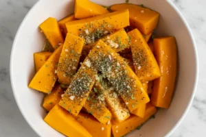 Leuchtend orange Kürbisspalten mit Kräutern und Olivenöl in einer Schüssel vermengt