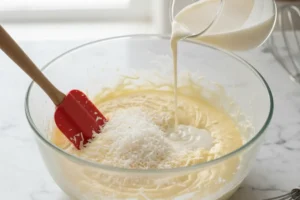 Mehl, Backpulver, Kokosflocken und Buttermilch werden zu einem glatten Teig verrührt.