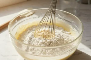 Mehl wird über cremigen Vanilleteig gesiebt, um die Muffinmischung herzustellen.