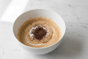 Mehlmix und Milch werden in die Butter-Zucker-Ei-Mischung gerührt, zwei Drittel der fein gehackten Schokolade werden untergehoben