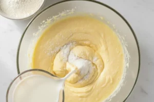 Milch wird aus einem Messbecher in eine Glasschüssel mit Muffinteig gegossen, daneben eine Schüssel mit Mehl.