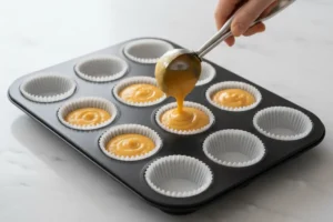 Muffinblech mit Papierförmchen, in die der Karottenteig portionsweise eingefüllt wird.