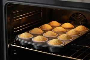 Muffins backen im Ofen, bis sie goldbraun sind.
