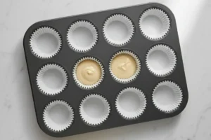 Muffinteig wird gleichmäßig in mit Papierförmchen ausgelegte Muffinformen gefüllt.