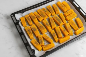 Orange gewürzte Kürbisspalten auf Backpapier vor dem Backen