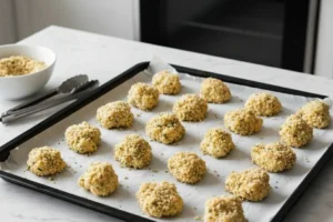 Panierte Blumenkohlröschen liegen auf einem mit Backpapier belegten Backblech und werden im Ofen gebacken.
