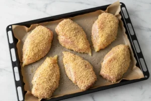 Panierte Hähnchenfilets auf Backblech, mit Sonnenblumenöl bepinselt, bereit zum Backen