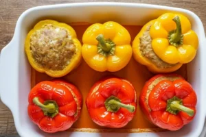 Paprikaschoten schmoren im Ofen in einer Auflaufform mit Sauce