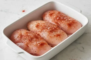 Rohe Hähnchenbrustfilets mit Paprikapulver, Salz und Pfeffer in weißer Keramikform gewürzt.