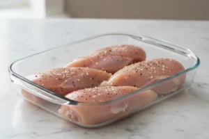 Rohe Hähnchenbrustfilets mit Salz und Pfeffer gewürzt auf Glasform