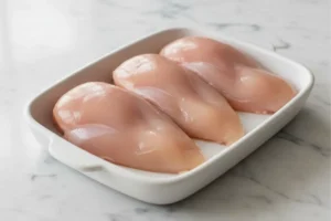 Rohe Hähnchenbrustfilets vorbereitet in einer Schale
