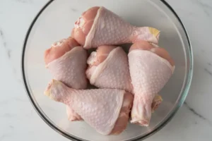 Rohe Hähnchenschenkel in einer Glasschüssel auf Marmorarbeitsfläche.