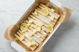 Roher Spargel in der Auflaufform, belegt mit Butterstücken, Zitronenscheiben, Salz und Zucker vor dem Backen.