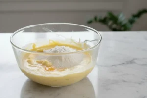 Rührschüssel mit cremiger Butter-Zucker-Eimischung und frisch zugegebenem Mehl und Backpulver auf Marmorarbeitsfläche.