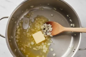 Saucenbasis für Auflauf: Zwiebeln und Knoblauch werden in einem Edelstahltopf in Butter glasig gedünstet.