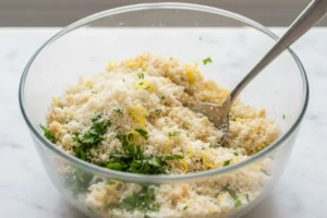 Schüssel mit Panko, Parmesan, Petersilie und Zitronenschale gemischt