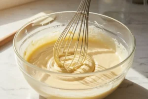 Schüssel mit cremigem Vanilleteig aus Eiern, Zucker und Vanillejoghurt auf Marmortisch.