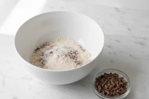 Schüssel mit trockenen Zutaten und separate Schale mit fein gehackter Zartbitterschokolade auf weißem Marmor