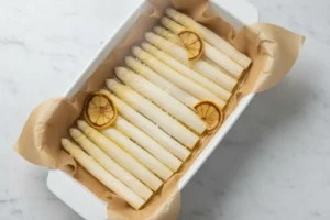 Servierfertiger Spargel aus dem Ofen auf einem weißen Teller, verfeinert mit geschmolzener Butter und Zitronenscheiben