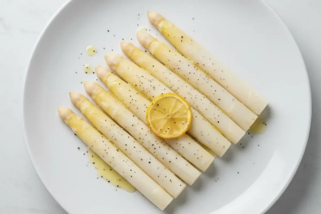 Servierfertiger weißer Spargel auf einem weißen Teller mit Butter und Zitronenscheiben