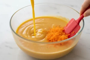 Teigschüssel mit Orangensaft und frisch geriebenen Karotten, die mit einem Spatel untergehoben werden.