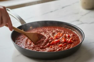 Tomatenmark, gehackte Tomaten und Brühe hinzufügen