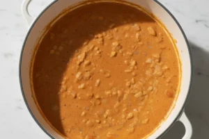 Tomatensauce mit Zwiebel und Knoblauch im Topf köchelnd