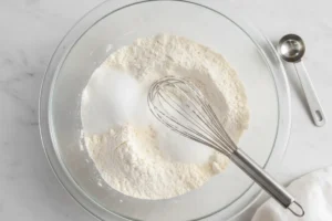 Trockene Muffin-Zutaten wie Mehl, Zucker, Backpulver und Salz werden in einer Glasschüssel vermischt.