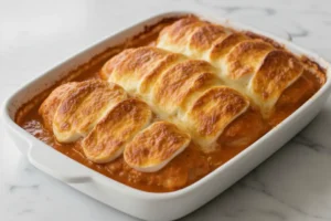 Überbackenes Hähnchen in Tomatensauce frisch aus dem Ofen