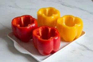 Vorbereitete Paprikaschoten ohne Kerne auf einer weißen Arbeitsfläche