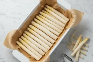 Vorbereitung für Spargel im Backofen: Frischer, geschälter Spargel in einer weißen Keramik-Auflaufform mit Backpapier.