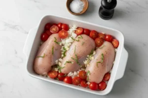 Zubereitung von Hähnchen-Tomaten-Auflauf: Rohe Hähnchenbrustfilets mit halbierten Tomaten und Zwiebeln in einer weißen Keramik-Auflaufform, bereit für den Ofen