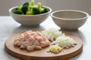 Zutaten für Hähnchen Brokkoli Auflauf mit blanchiertem Brokkoli und gewürfeltem Hähnchen vorbereitet