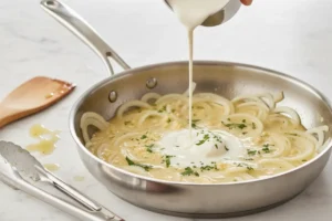 Zwiebel und Knoblauch werden in der Pfanne mit Sahne, Wasser und Frischkäse zu einer cremigen Soße verrührt