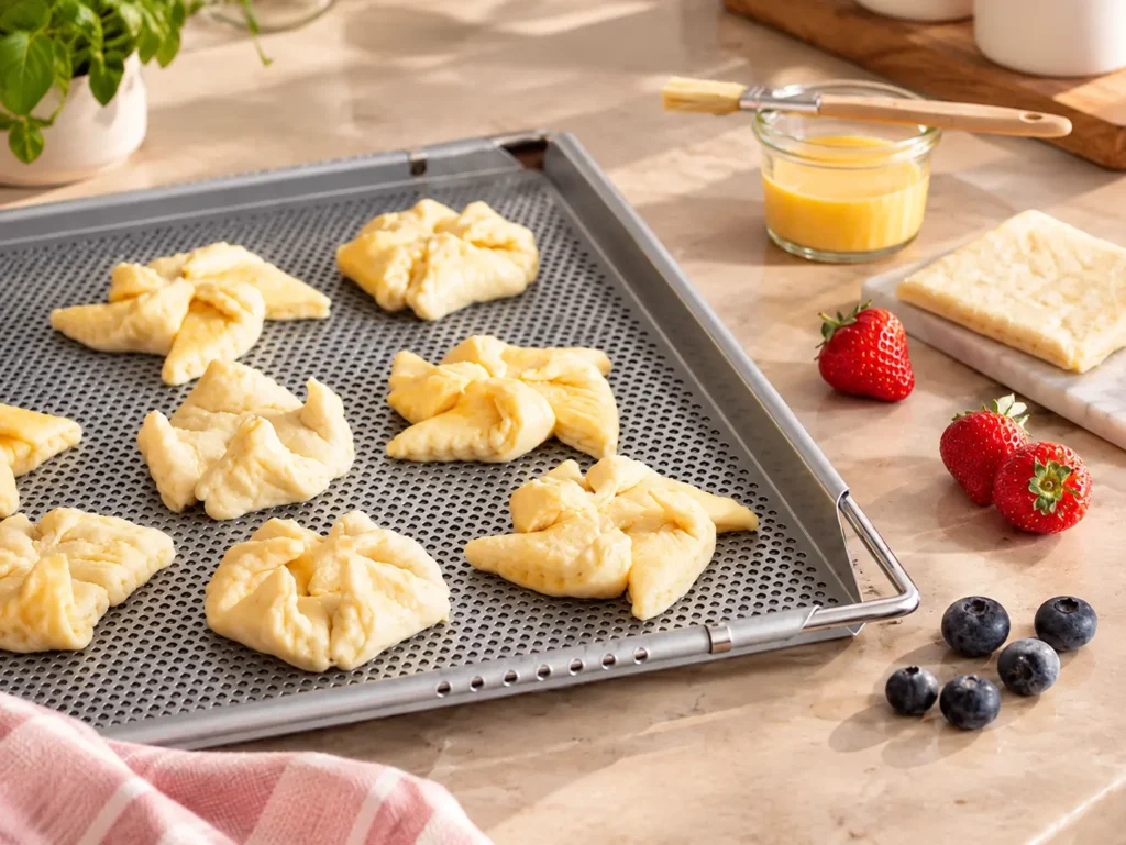 Blätterteig auf einem gelochten Backblech mit frischen Beeren
